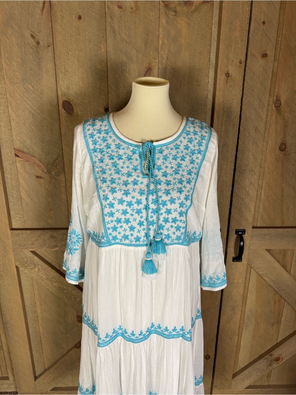Soft Surroundings Juniper white gauze dress with aqua embroidery Size Small - Picture 9 of 16